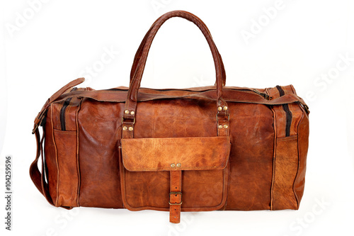 brown leather travel bag isolated on white background available with clipping path