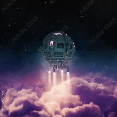 Fototapeta Naklejka Na Ścianę i Meble -  Out of the atmosphere / 3D render of spaceship rising above clouds