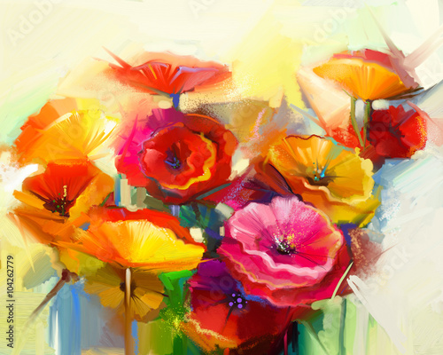 Oil painting Still life of yellow, pink and red poppy