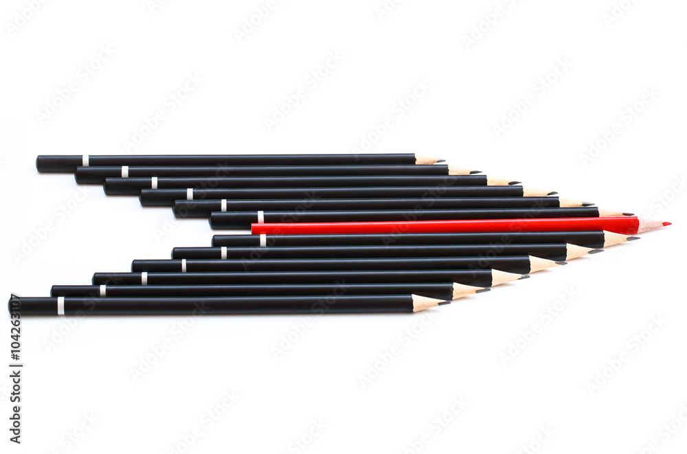 Black pencils with a red one in the middle in the shape of an right arrow on white background. Leadership, start up, independence, initiative, strategy, think different, business success concept Black pencils with a red one in the middle in the shape of an right arrow on white background. Leadership, start up, independence, initiative, strategy, think different, business success concept