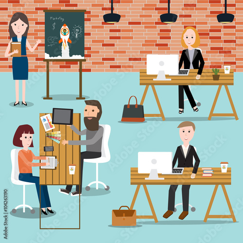 People working in the co-working space infographics elements.ill