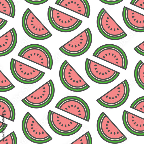 Fototapeta Naklejka Na Ścianę i Meble -  Cool summers seamless pattern with juicy watermelon slices. Great for apparel design or for print on textile. 
