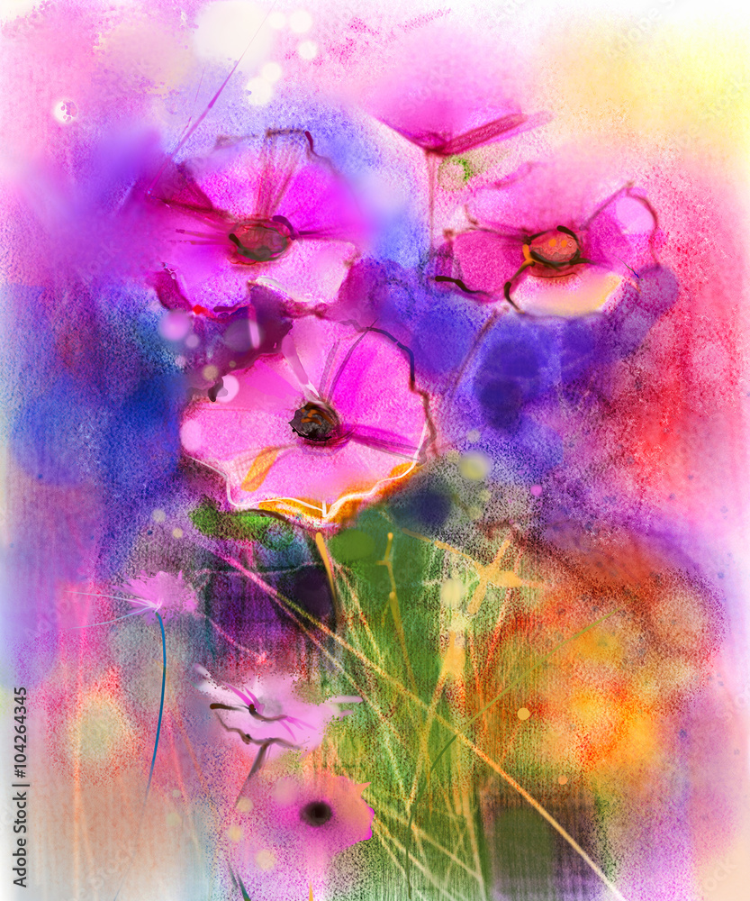 Obraz premium Watercolor painting nature grass flowers. Hand paint close up pink cosmos flower, pastel floral and shallow depth of field. Spring flowers in soft color on yellow, red, blue color background