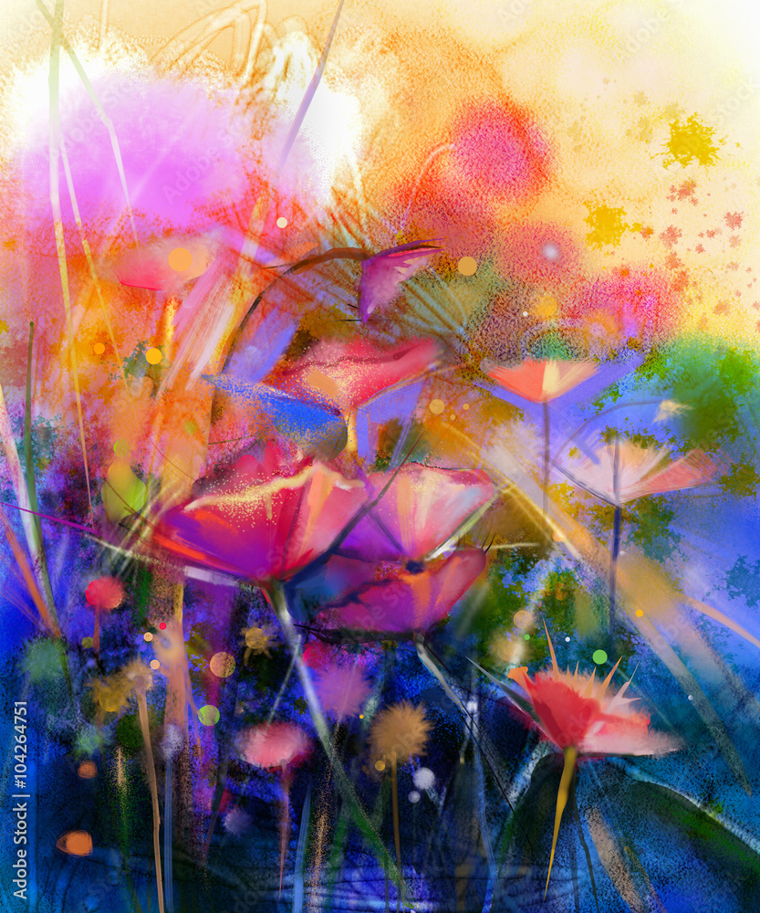 Fototapeta premium Abstract flower watercolor painting. Hand paint White, Yellow, Pink and Red color of daisy- gerbera flowers in soft color on yellow and green blue color background.Spring flower seasonal nature