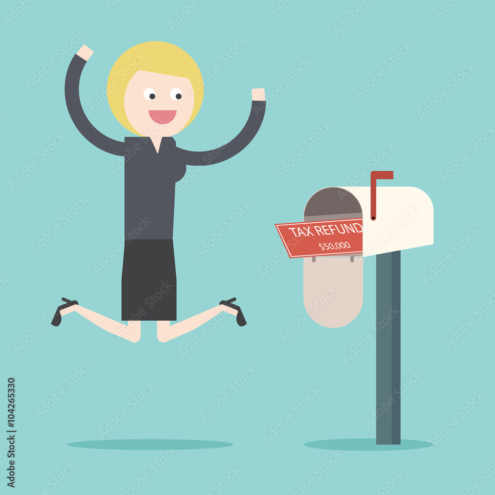 Obraz premium Businesswoman got Tax refund cheque in mailbox. TAX refund check. TAX spending. Flat design business financial marketing commercial banking web minimal concept cartoon illustration.