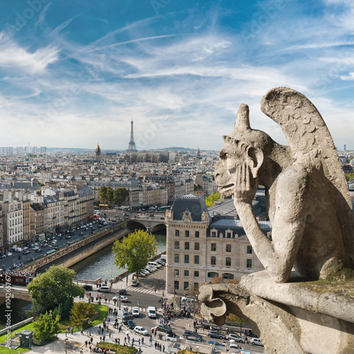 Fototapeta Gargoyle and city view from the roof of Notre Dame de Paris