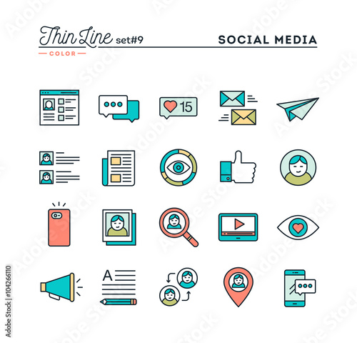 Social media, communication, personal profile, online posting and more, thin line color icons set, vector illustration