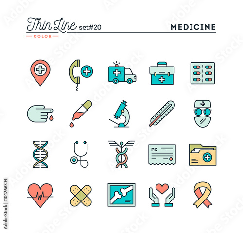 Medicine, health care, emergency, pharmacology and more, thin line color icons set, vector illustration