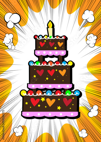 Fototapeta Birthday cake on comic book style background.
