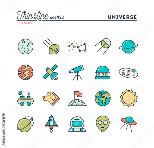 Universe, celestial bodies, rocket launching, astronomy and more, thin line color icons set, vector illustration