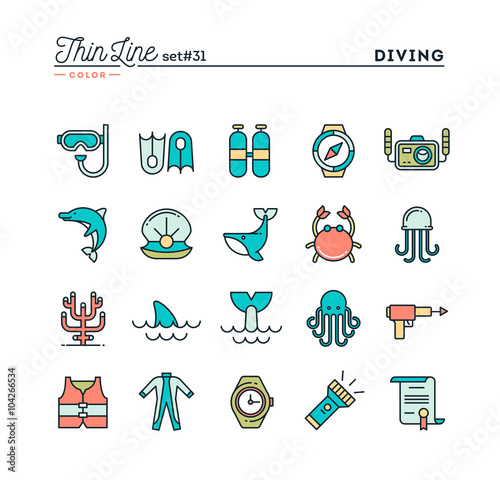 Scuba diving, underwater animals, equipment, certificate and more, thin line color icons set, vector illustration