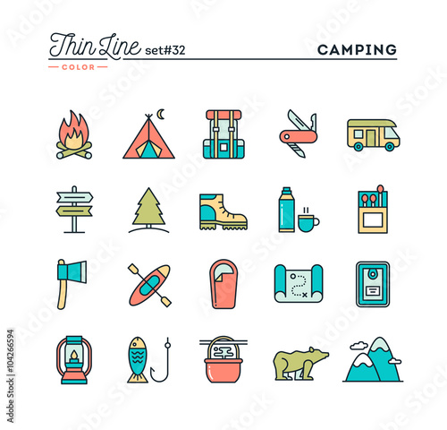 Camping, hiking, wilderness, adventure and more, thin line color icons set, vector illustration