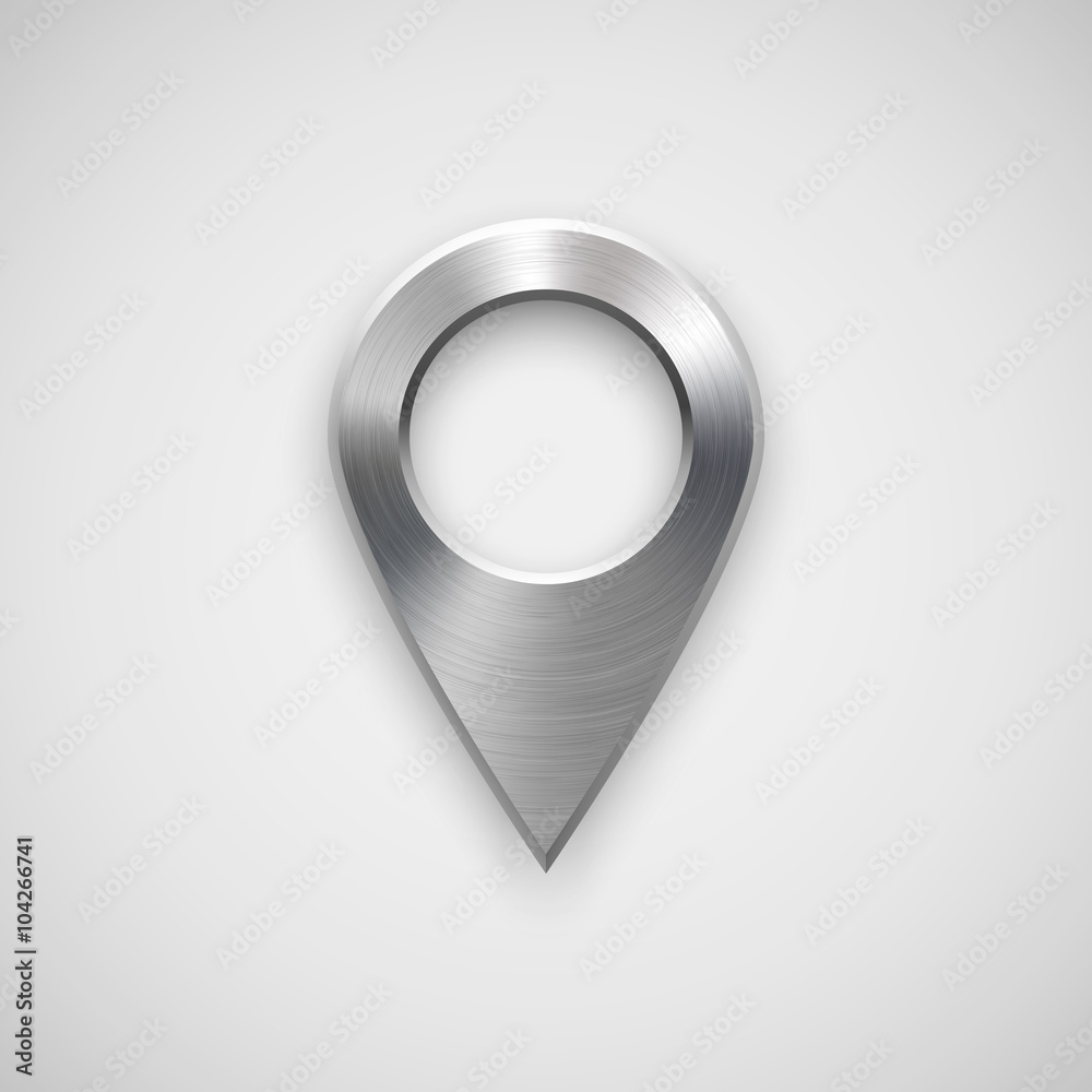 Technology map pointer badge, GPS button template with metal texture, chrome, steel, silver, realistic shadow and light background for interfaces, UI, applications, apps, web. Vector illustration.