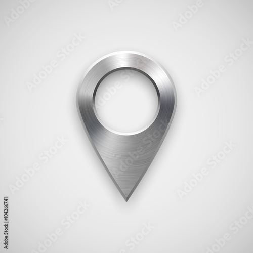 Technology map pointer badge, GPS button template with metal texture, chrome, steel, silver, realistic shadow and light background for interfaces, UI, applications, apps, web. Vector illustration.