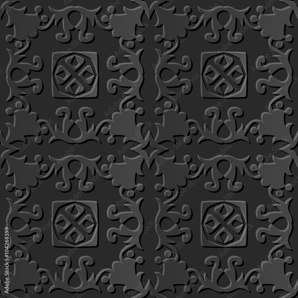 Seamless 3D elegant dark paper art pattern 075 Spiral Flower Cross
