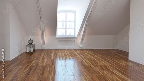 Empty loft room interior with dormer window photo
