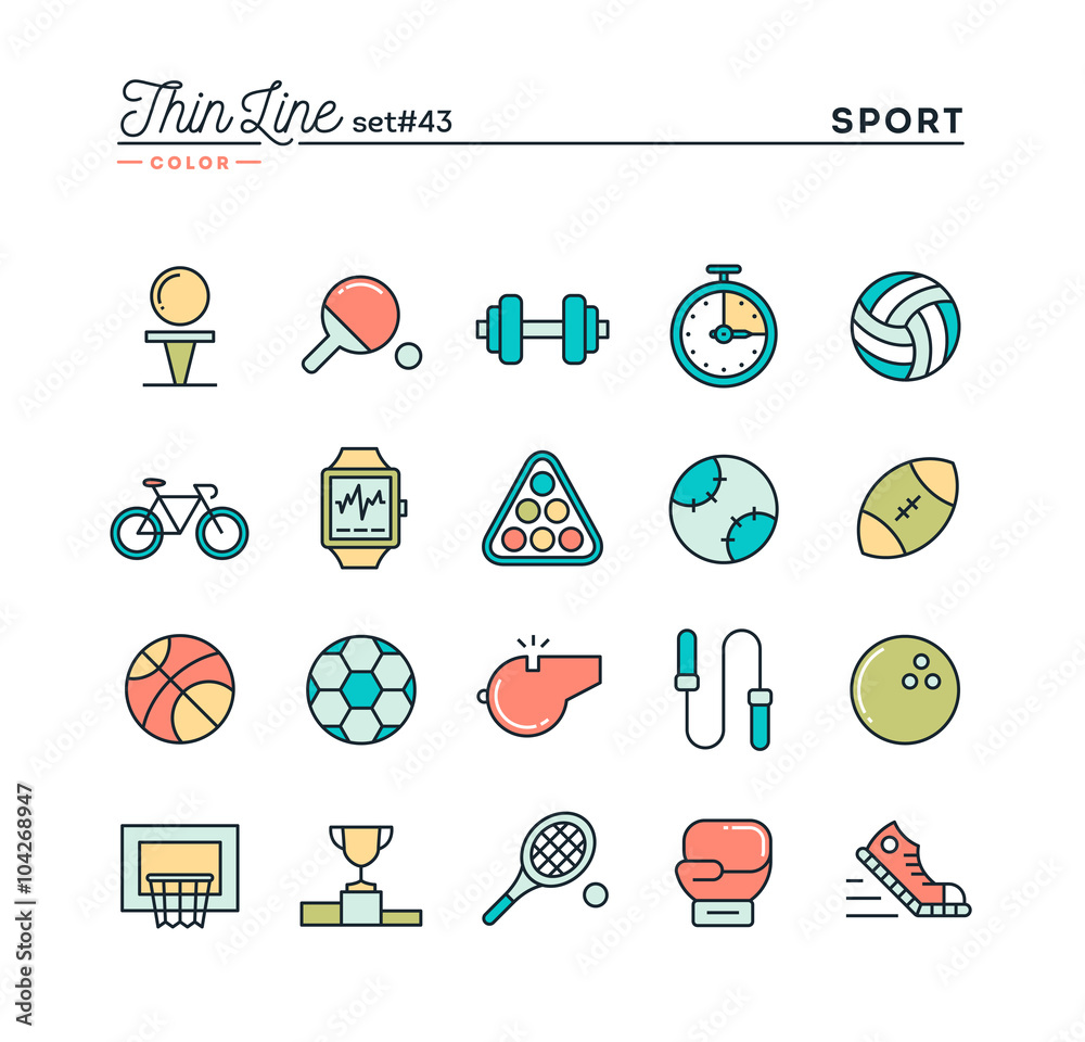 Sports, recreation, work out, equipment and more, thin line color icons set, vector illustration