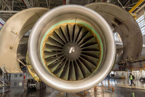 Jet engine with covers open for maintenance and inspection