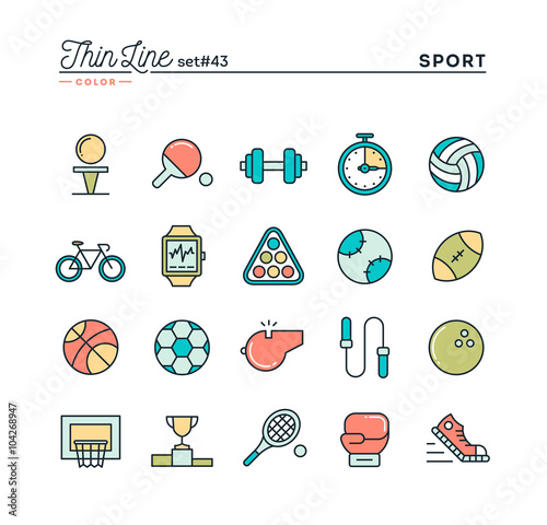 Sports, recreation, work out, equipment and more, thin line color icons set, vector illustration