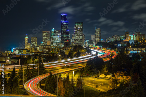 A classic view of downtown Seattle city skyline at dusk.