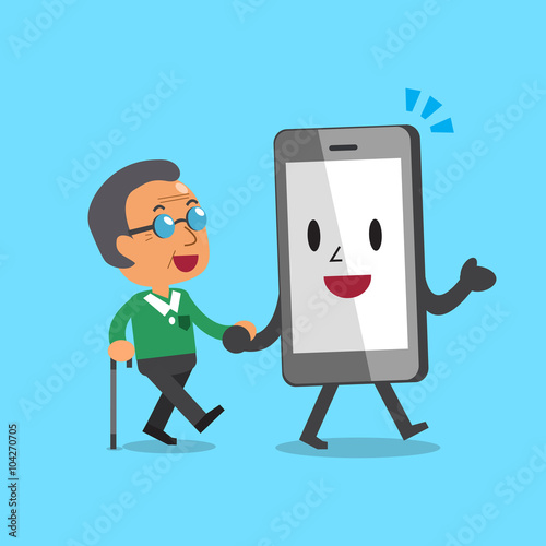Cartoon smartphone character helping old man to walk photo