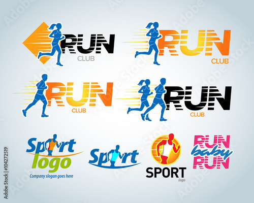 Sport running club vector labels and emblems, logotypes, badges. Apparel, t-shirt design concepts. Athletic silhouette training, athlete run illustration. Isolated vector illustration.