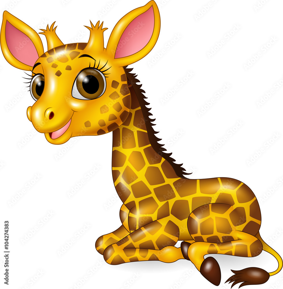 Fototapeta premium Cartoon funny baby giraffe sitting isolated on white background