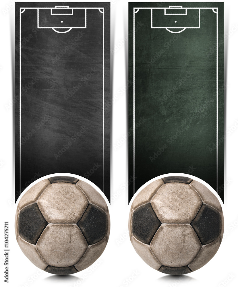 Fototapeta premium Two Football Banners with Blackboard / Two vertical banners with a black and green blackboard with football field and old soccer ball. Isolated on white background