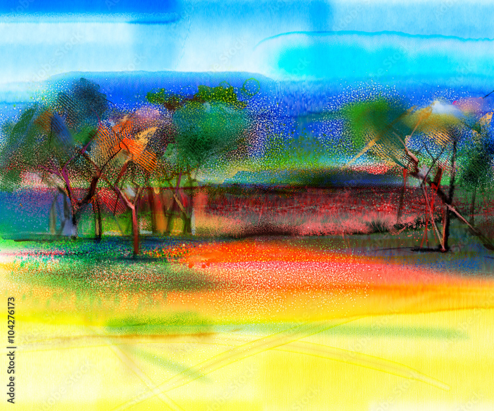 Obraz premium Abstract colorful landscape painting. Oil painting mix watercolor technic on paper. Semi- abstract image of tree and field in yellow and red with blue sky. Spring season nature background