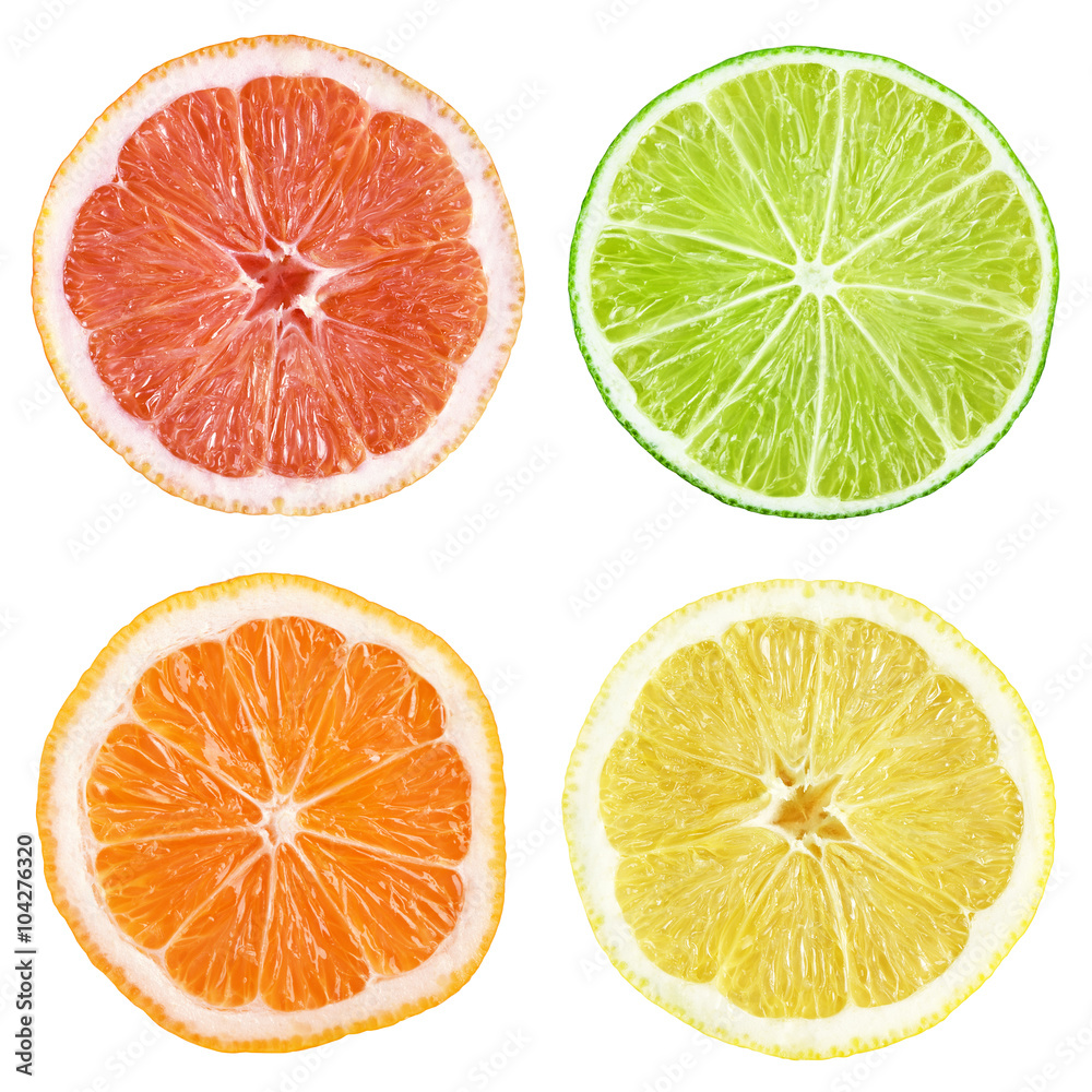 Obraz premium Slices of grapefruit, lime, lemon, orange isolated on white with clipping path