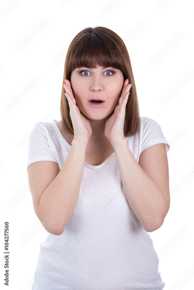happy young beautiful surprised woman isolated on white happy young beautiful surprised woman isolated on white