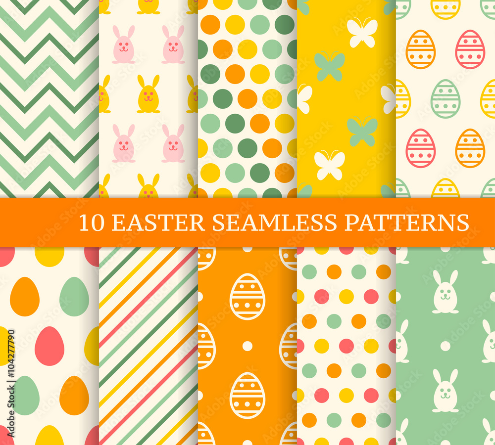 Fototapeta premium Ten retro different easter seamless patterns.