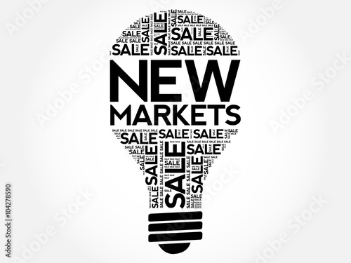 New Markets bulb word cloud, business concept background