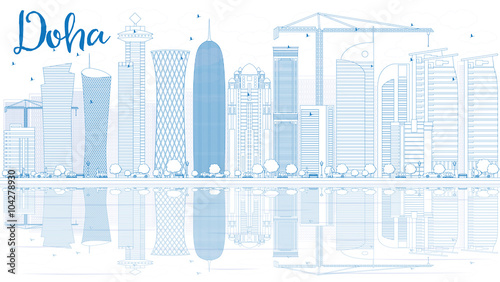 Outline Doha skyline with blue skyscrapers.