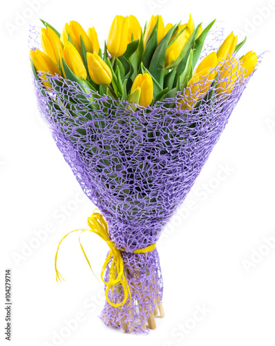 Fototapeta Naklejka Na Ścianę i Meble -  bouquet of 25 yellow tulips, isolated on white background