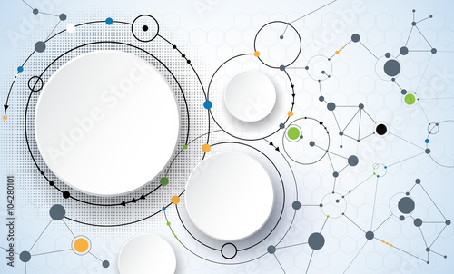 Vector illustration of abstract molecules and communication - social media technology concept with 3D paper label circles design and space for content, business, social media, network and web design 