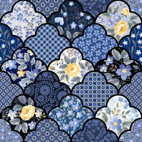 seamless floral patchwork pattern with roses and meadow flowers