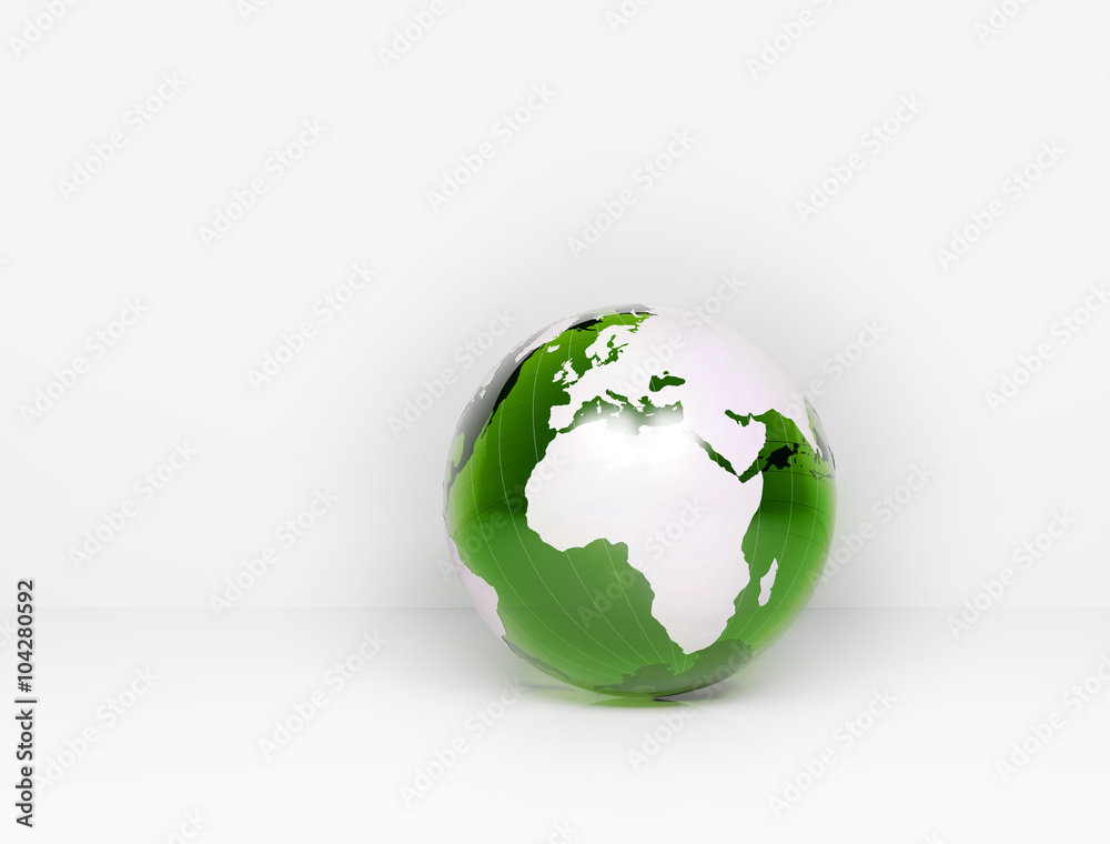Green glass world globe - blank wall for text