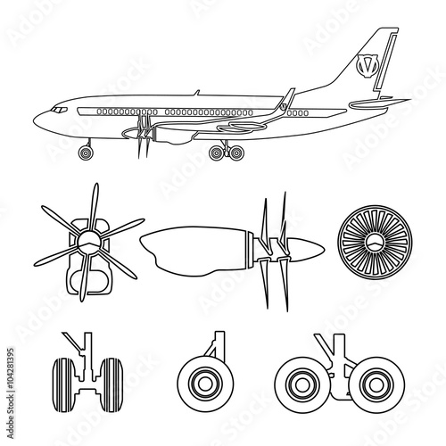 Jets constructor. Outline silhouettes aircraft parts. Collection