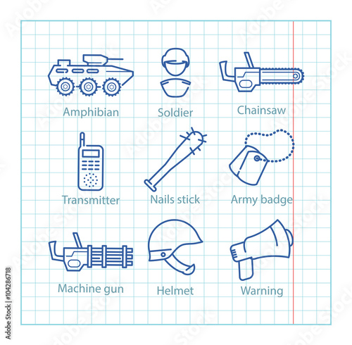 Vector thin line icons set for military infographics, mobile game UX,UI on paper background