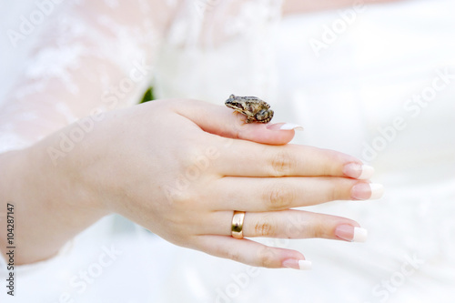 The frog sits on a hand of the bride.