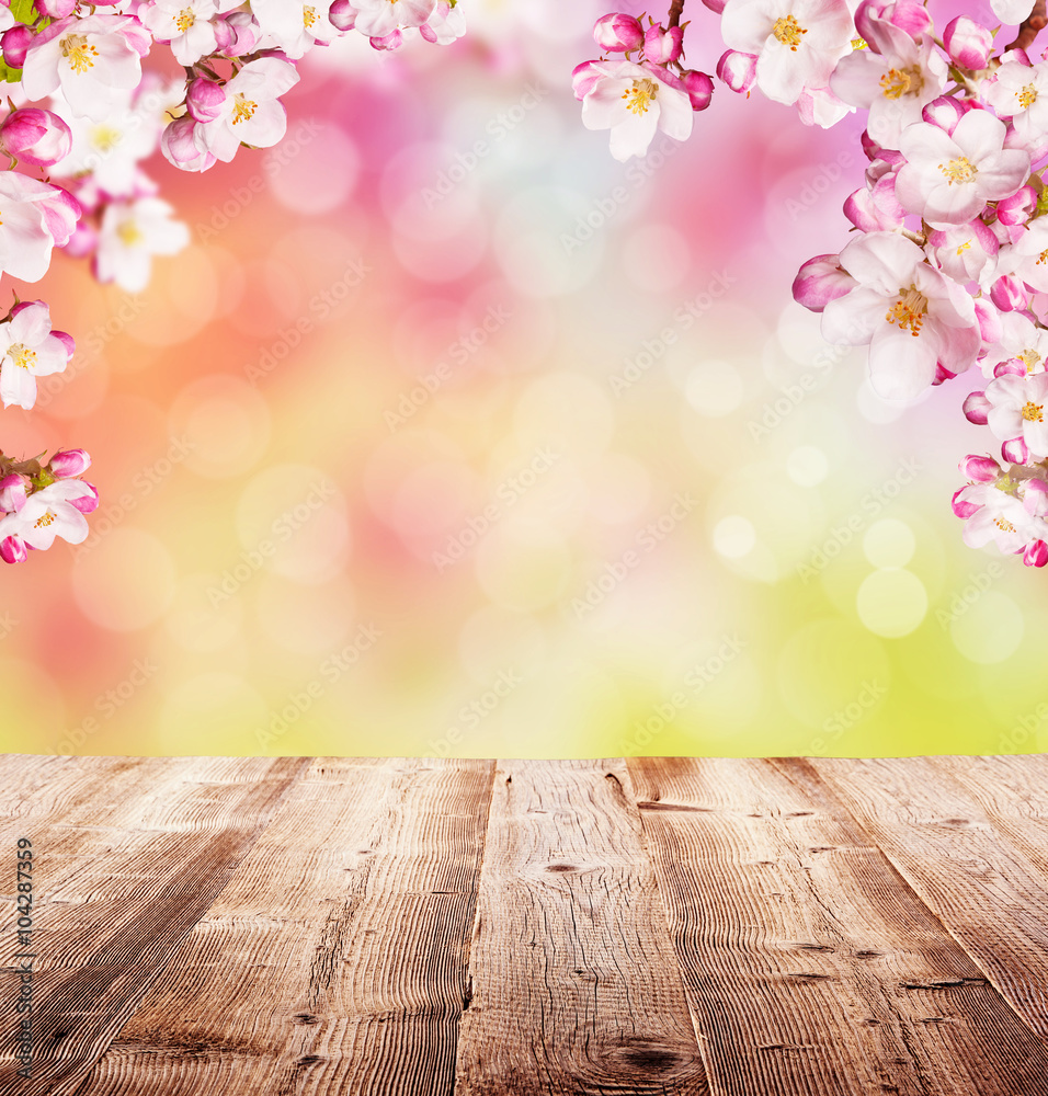 Fototapeta premium Cherry blossoms with empty wooden planks