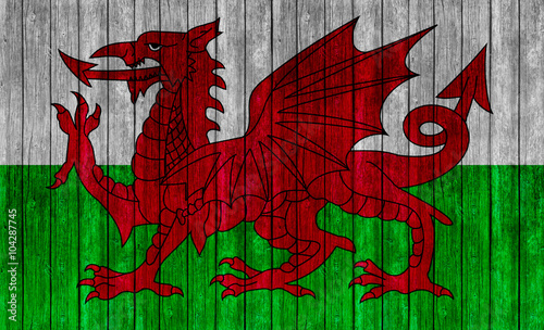 Wales Flag on old wood text...