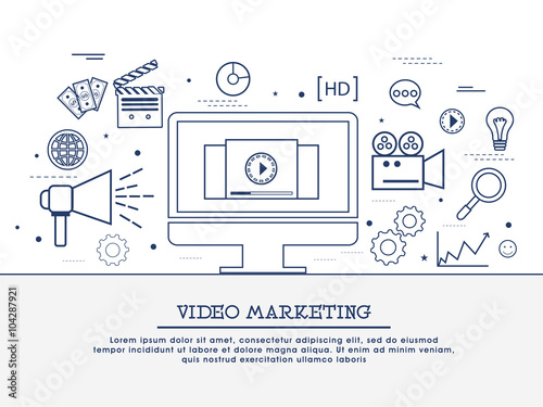 Video marketing strategy, showing product overview, creating explainer video, promoting business, increasing sale concepts web banner, hero image, website header. Line art vector illustrations.