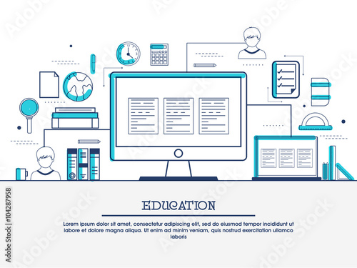 Online education, distance learning, retraining concepts web banner, hero image, website slider. Line art vector illustration.