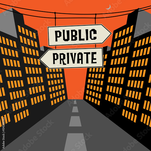 Road sign with opposite arrows and text Public - Private