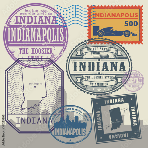 Stamp set with the name and map of Indiana, United States