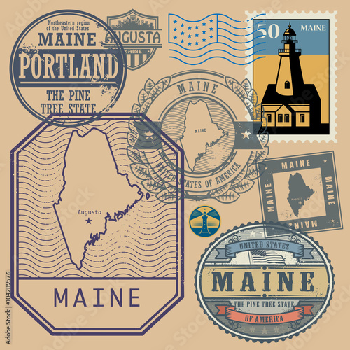 Stamp set with the name and map of Maine, United States