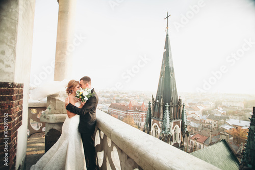 Stylish beautiful wedding couple kissing and hugging on background panoramic view of the old town