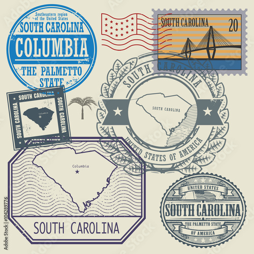 Stamp set with the name and map of South Carolina, United States
